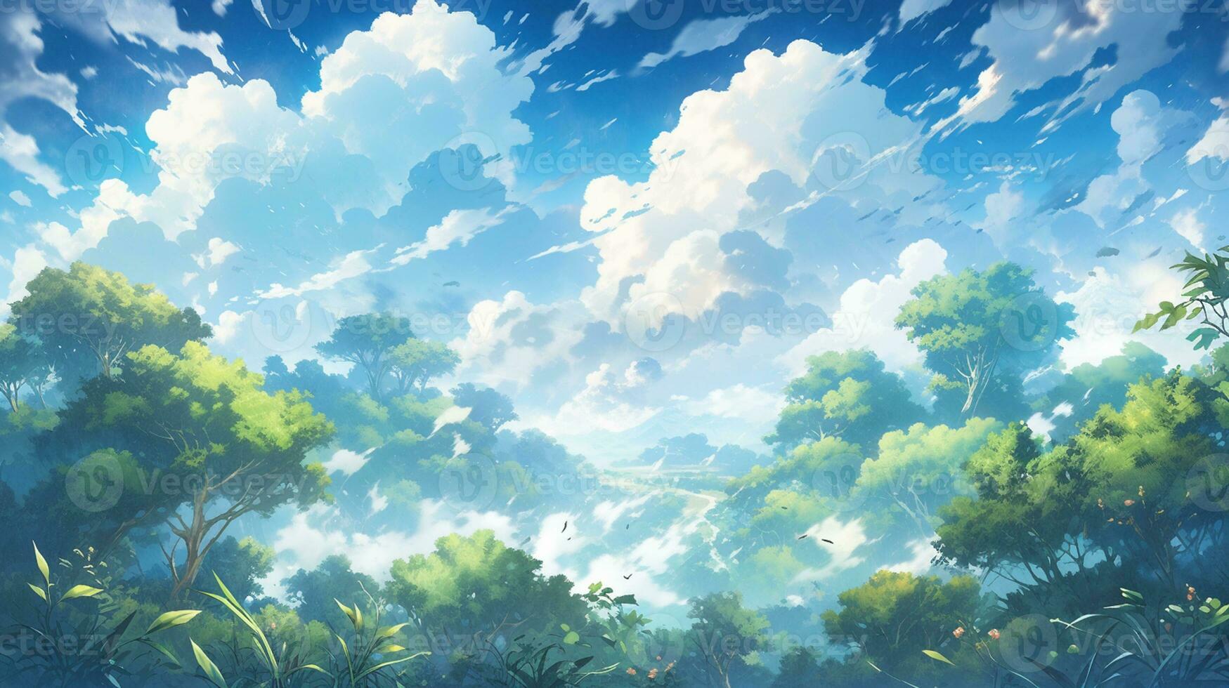 animê cenário do uma floresta com uma azul céu e nuvens